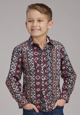 Roper Kids Boys 2178 Winter Aztec Black/Red 100% Cotton L/S Shirt