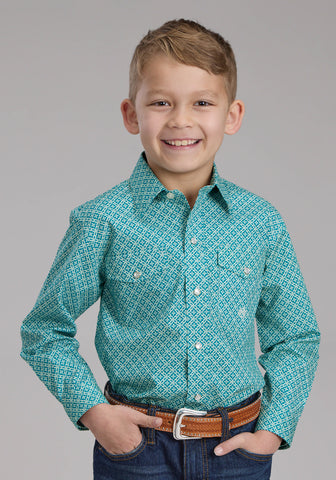 Roper Kids Boys 2250 Four Point Foulard Turquoise Cotton Blend L/S Shirt