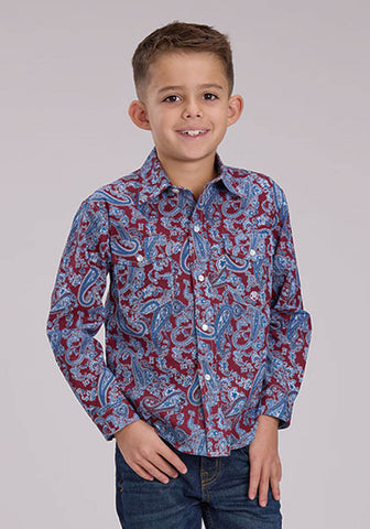 Roper Kids Boys 2496 Heritage Paisley Wine/Blue 100% Cotton L/S Shirt