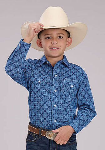 Roper Kids Boys 2497 Ribbon Medallion Blue 100% Cotton L/S Shirt