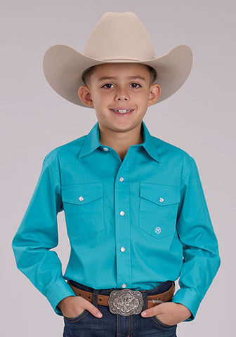 Roper Kids Boys 2509 Stretch Poplin Turquoise Cotton Blend L/S Shirt