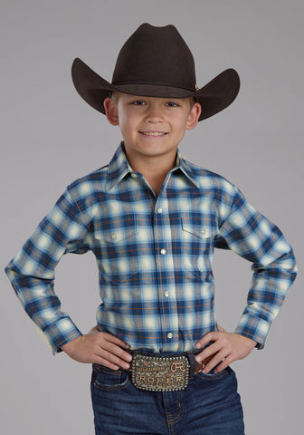 Roper Kids Boys Stretch Plaid Blue Cotton Blend L/S Shirt