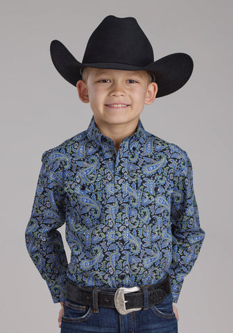 Roper Kids Boys 2239 Cobalt Paisley Blue 100% Cotton Btn L/S Shirt