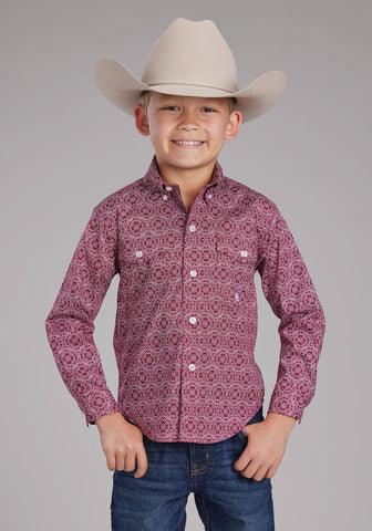 Roper Kids Boys Stretch Medallion Paisley Red Cotton Blend Btn L/S Shirt