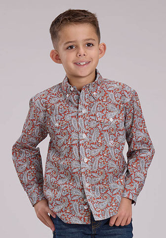 Roper Kids Boys 2499 Clay Paisley Orange 100% Cotton Btn L/S Shirt