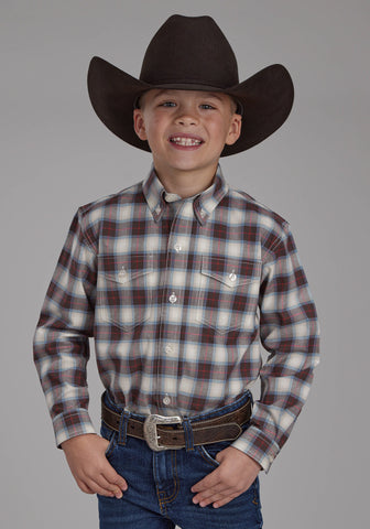 Roper Kids Boys 2164 Stretch Plaid Brown Cotton Blend Btn L/S Shirt