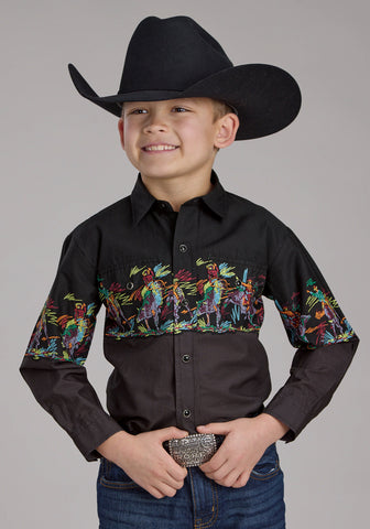Roper Kids Boys Scribble Bullriders Black 100% Cotton L/S Shirt