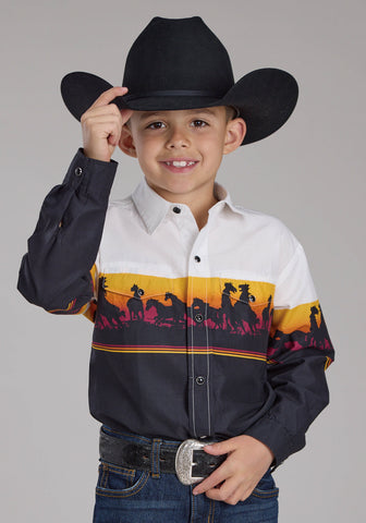 Roper Kids Boys Sunset Horse Border Black 100% Cotton L/S Shirt