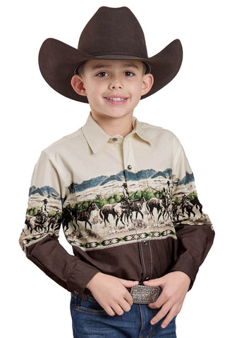 Roper Kids Boys Country Trails Border Brown 100% Cotton L/S Shirt
