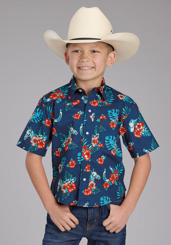 Roper Youth Boys 2354 Hawaiian Print Blue 100% Cotton S/S Shirt