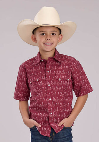 Roper Kids Boys 2464 Desert Stripe Red 100% Cotton S/S Shirt