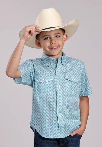 Roper Kids Boys Stretch Four Point Foulard Teal Cotton Blend Btn S/S Shirt