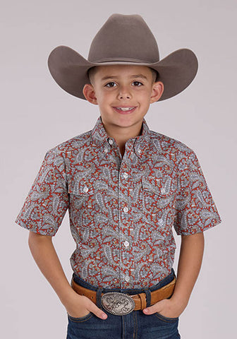 Roper Kids Boys 2499 Clay Paisley Orange 100% Cotton Btn S/S Shirt