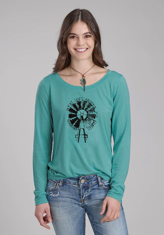 Roper Womens What Goes Around Turquoise Poly/Rayon L/S T-Shirt