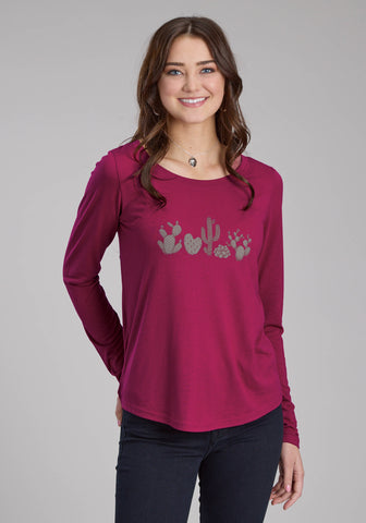 Roper Womens Cactus Variety Wine Poly/Rayon L/S T-Shirt