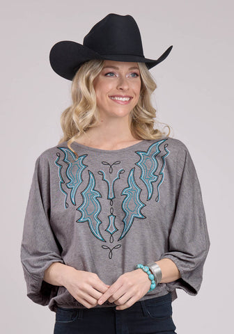 Roper Womens Western Jersey Knit Grey Cotton Blend 3/4 Sleeve S/S Blouse