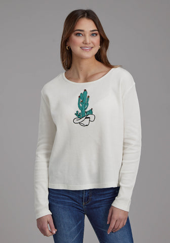 Roper Womens Cactus in Hat Cream Cotton Blend L/S T-Shirt