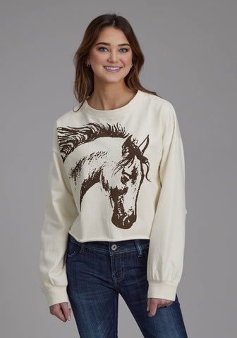 Roper Womens Large Horse Head Cream 100% Cotton L/S T-Shirt