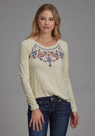 Roper Womens Embroidered Floral Cream 100% Cotton L/S T-Shirt