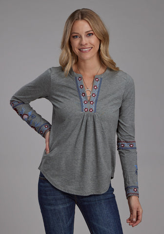 Roper Womens Pretty Floral Grey Poly/Cotton L/S T-Shirt