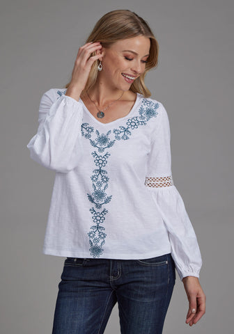 Roper Womens Crochet Bishop Sleeves White 100% Cotton L/S Blouse