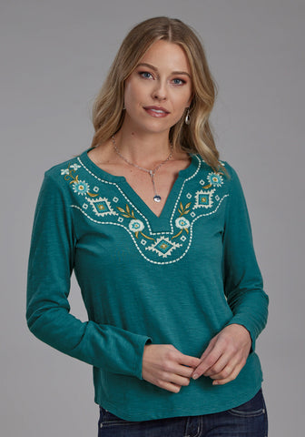 Roper Womens Aztec Floral Yoke Teal 100% Cotton L/S T-Shirt