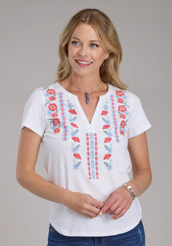 Roper Womens 2434 Red Flowers White 100% Cotton S/S T-Shirt