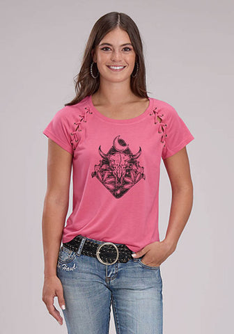 Roper Womens Longhorn Self Tie Pink Poly/Rayon S/S T-Shirt