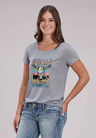 Roper Womens Desert Road Longhorn Grey Poly/Rayon S/S T-Shirt