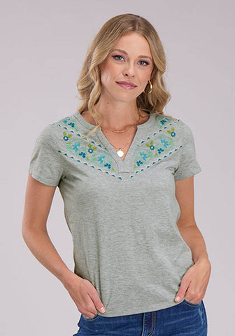 Roper Womens Banded Collar Embroidery Grey Poly/Cotton S/S Tunic
