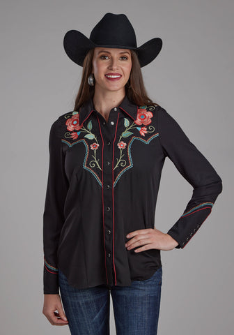 Roper Womens Red Floral Retro Black Polyester L/S Shirt