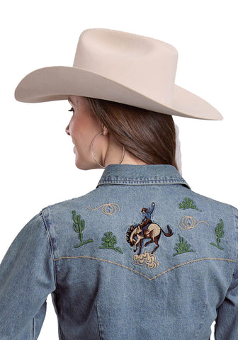 Roper Womens Bronc Rider Embroidery Blue 100% Cotton L/S Shirt