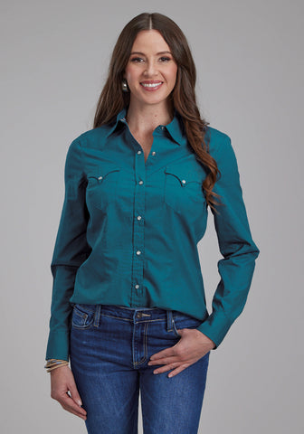 Roper Womens Performance Poplin Blue 100% Cotton L/S Shirt