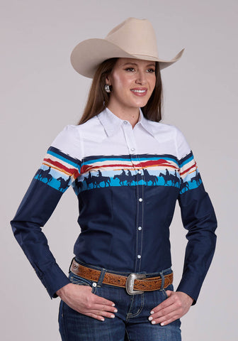 Roper Womens 2847 Sunset Border Navy/White 100% Cotton L/S Shirt
