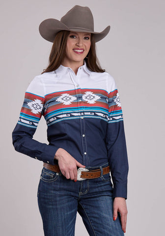 Roper Womens Horizontal Aztec Ombre Multi-Color 100% Cotton L/S Shirt