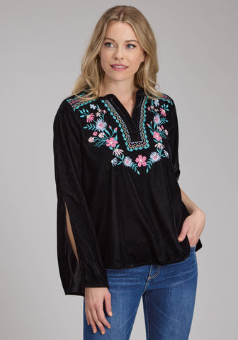 Roper Womens Floral Velvet Black 100% Rayon L/S Blouse