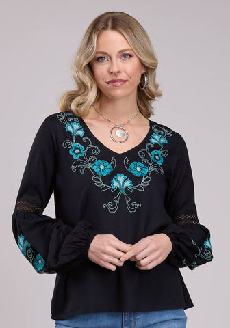 Roper Womens Turquoise Floral Challis Black 100% Rayon L/S Blouse