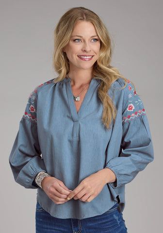 Roper Womens Pretty V-Neck Peasant Blue 100% Cotton L/S Blouse