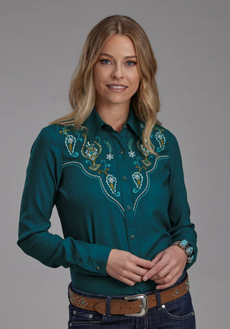Roper Womens Paisley Yoke Teal 100% Rayon L/S Shirt