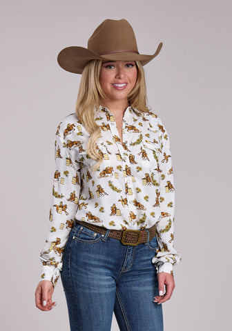 Roper Womens 2858 Racers Printed Cream/Tan 100% Rayon L/S Shirt