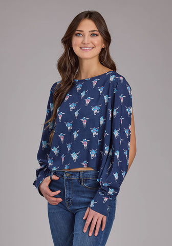 Roper Womens Cow Skulls Swing Blue 100% Rayon L/S Blouse