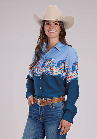 Roper Womens Barrel Racer Border Blue 100% Rayon L/S Blouse