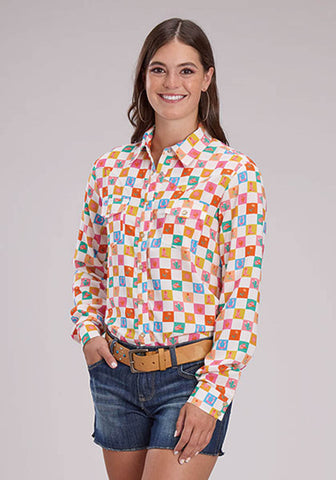 Roper Womens Checker Print Cream 100% Rayon L/S Blouse