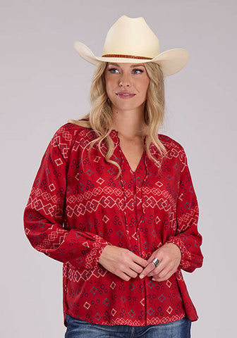 Roper Womens RWB Aztec Peasant Red 100% Rayon L/S Blouse