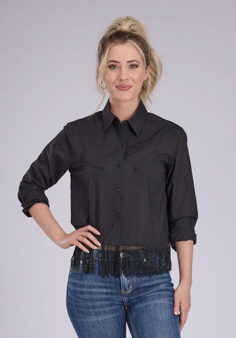 Roper Womens Fringe Cambric Western Black 100% Cotton L/S Blouse