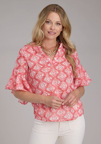 Roper Womens 2423 Ikat Aztec Pink/White 100% Polyester S/S Blouse