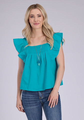 Roper Womens 2452 Flutter Sleeve Turquoise 100% Cotton S/L Blouse