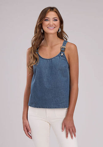 Roper Womens Belt Buckle Strap Denim Blue 100% Cotton S/L Tank Top