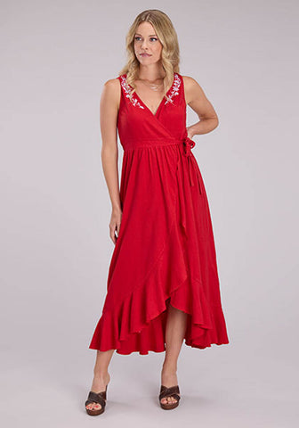 Roper Womens Hi-Lo Ruffled Surplice Red 100% Cotton S/L Dress