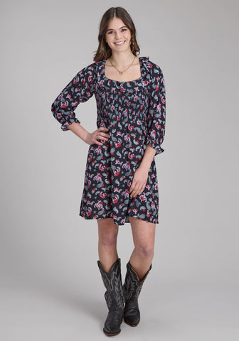 Roper Womens Bronc Riders Black 100% Rayon 3/4 Sleeve Dress
